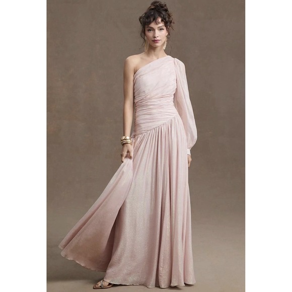 BHLDN Dresses & Skirts - BHLDN One-Shoulder Maxi Dress Formal Gown Ruched Pink Sparkle Size 4